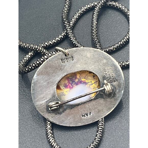 Sterling Silver Vintage Fire Opal Pendant Brooch Necklace Hecho En Mexico 22g - Picture 2 of 15